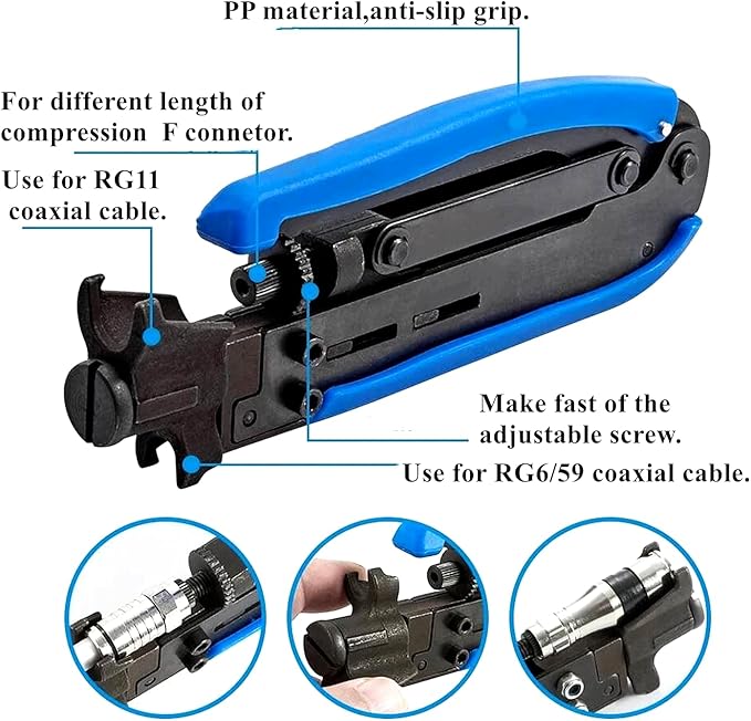 Gaobige Coax Cable Crimper Kit, Coaxial Compression Tool Adjustable RG6 RG59 RG11 75-5 75-7 Coaxial Cable Stripper with 20PCS RG6 Connectors, 10PCS Female to Female Connectors, 6PCS RG11 Connector