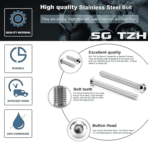 5/16-18 x 1-3/8" Button Head Socket Cap Bolts Screws, 20Pcs 304 Stainless Steel 18-8, Allen Hex Drive, Bright Finish by SG TZH(with Hex Spanner)