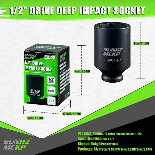 SUNHZMCKP 1/2 Inch Deep Drive Impact Socket, SAE 1-1/2 Socket, CR-MO, 6 Point Axle Nut Socket for Easy Removal of Axle Shaft Nuts (1-1/2 inch)