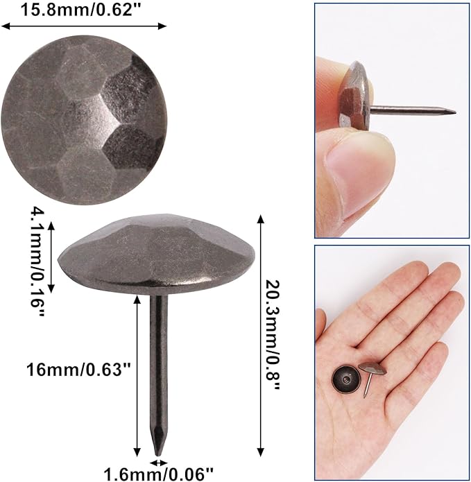 YuGtcen 100pcs Upholstery Tacks, Decorative Nails Thumb Tacks Metal Upholstery Nails for Wood Upholstery Pins Vintage Furniture Tacks (16x20mm, Dark Grey)