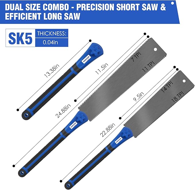 Japanese Pull Saw Set 9.5" & 11.5" Double Edge Flush Cut Saw, Flexible SK5 Ryoba Replaceable Blades 14/18 & 7/11 TPI, Non-Slip Ergonomic Handle, Japanese Hand Saws for Woodworking Tools
