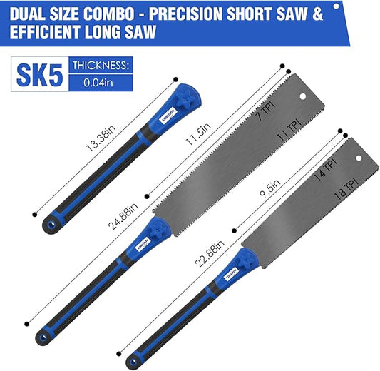 Japanese Pull Saw Set 9.5" & 11.5" Double Edge Flush Cut Saw, Flexible SK5 Ryoba Replaceable Blades 14/18 & 7/11 TPI, Non-Slip Ergonomic Handle, Japanese Hand Saws for Woodworking Tools