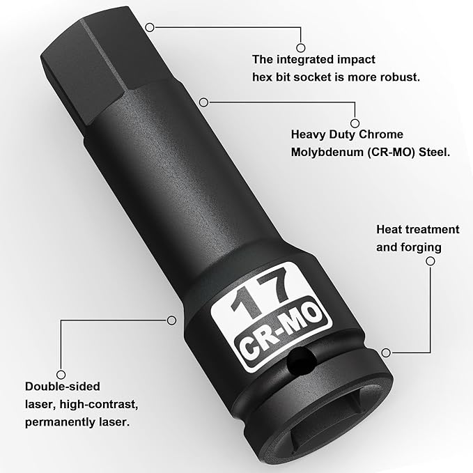 1/2" Drive 17 mm Hex Impact Bit Socket, H17 Allen Bit Socket, Metric, Cr-Mo Steel, Automotive Repair Industrial Maintenance and DIY Enthusiasts Alike