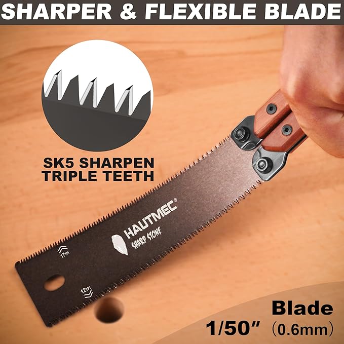 HAUTMEC Folding Japanese Pull Saw, 6-Inch Double-Edged Hand Saw with SK5 Blade (12/17 TPI), Beech Wood Handle & Storage Pouch – Compact Flush Cut Handsaw for Woodworking & Precision Cuts – HT0446