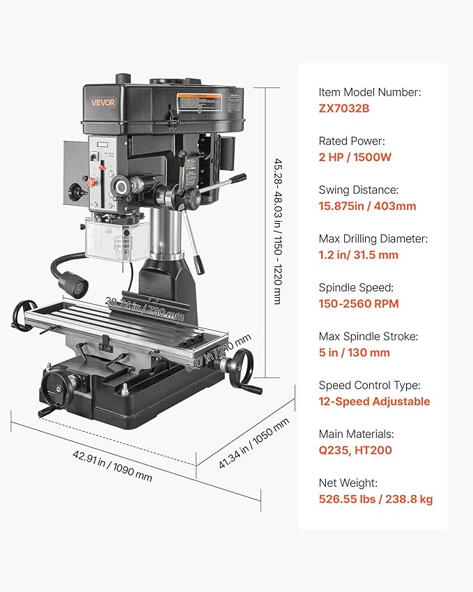 VEVOR 15.875-Inch Mill Drill Machine, 2 HP, Benchtop Milling Drill Press, 150-2560 RPM Adjustable Speed, with Rotating Vise, Laser and Work Light, Milling Drilling Machine, for Woodworking Light Metal