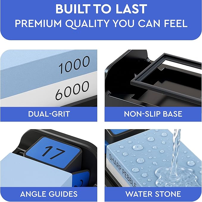 Sharp Pebble Knife Sharpening Stone Kit-Grit 1000/6000 Wet Stone-Built In Angle Guides 15/17/20/22 Degrees- Professional Whetstone Knife Sharpener Stone Set with Plastic Base