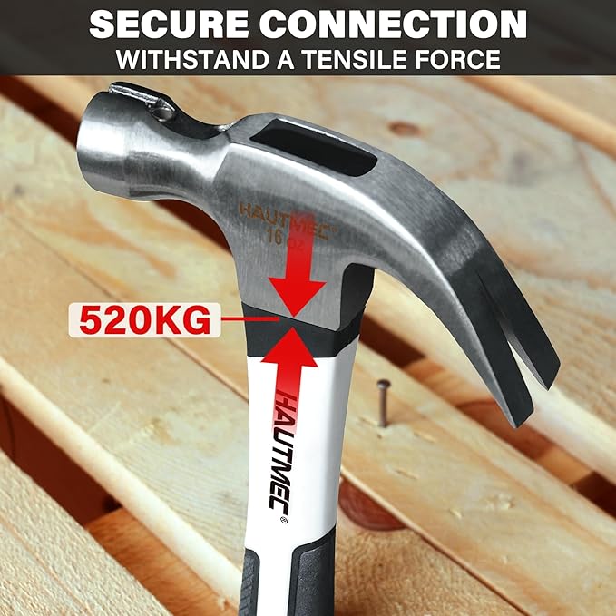 HAUTMEC 16 oz Claw Hammer, Drop Forged Claw Hammers with Magnetic Nail Holder and Firberglass Handle, Curved Jaw of Nail Puller, Smooth Face, HTMAM25003