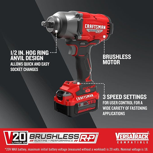 CRAFTSMAN V20 RP Impact Wrench, Cordless, Brushless, High Torque, 1/2 Inch, 4Ah Battery and Charger Included (CMCF940M1)