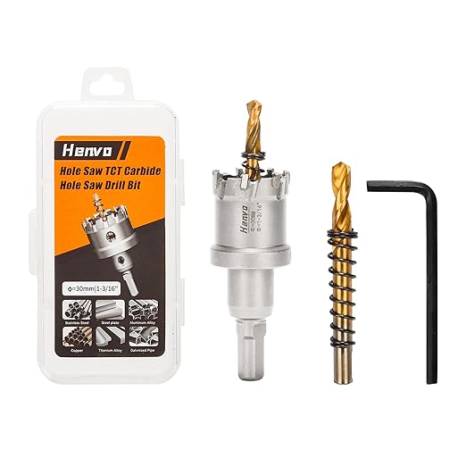 Hole Saw 1-3/16" (30mm) Heavy Duty Carbide with 2 Pilot Drill Bits - Metal Hole Cutter Cuts Stainless Steel, Iron, Copper, Brass, Plastic