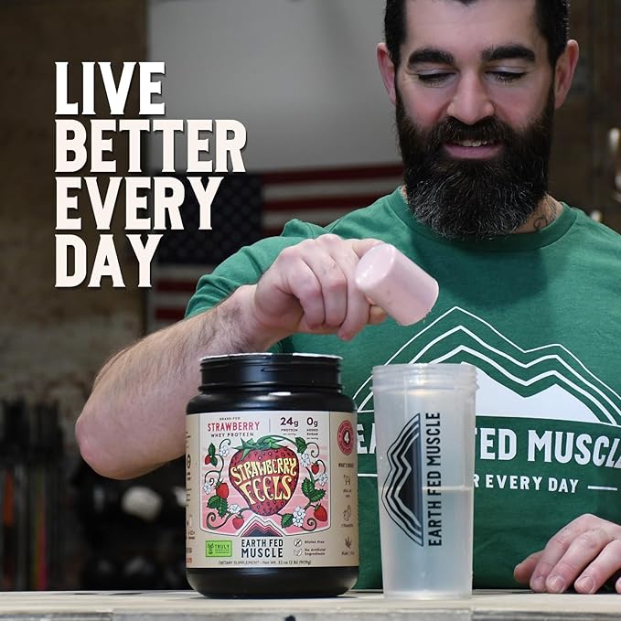Earth Fed Muscle Strawberry?츴eels??Forever) ??Irish Truly Grass?멑ed Whey Protein Isolate, No Sugar, Soy?멑ree, Gluten?멑ree (2 lb, 29 Servings, Strawberry)