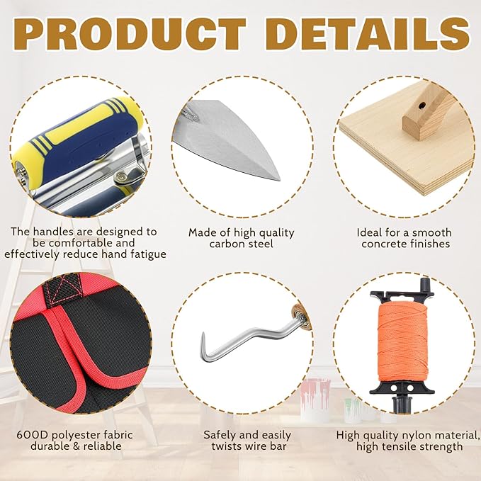18 Pcs Masonry Hand Tool Set in Tool Bag Includes 6 Pcs Trowel Set Wooden Sanding Board Stainless Steel Putty Knife Brush Rebar Hook Masonry Kit Rubber Gloves Construction Wire(Orange)