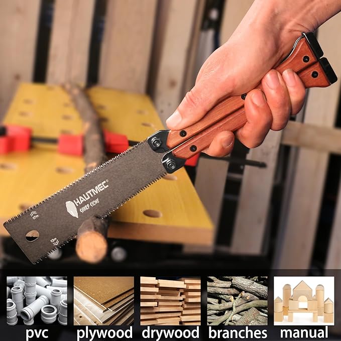 HAUTMEC Folding Japanese Pull Saw, 6-Inch Double-Edged Hand Saw with SK5 Blade (12/17 TPI), Beech Wood Handle & Storage Pouch – Compact Flush Cut Handsaw for Woodworking & Precision Cuts – HT0446