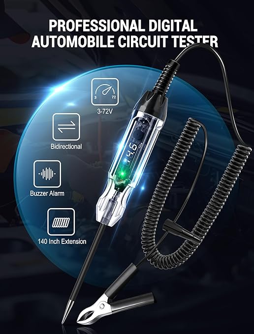 Upgraded 3-72V Buzzer Automotive Test Light, Heavy Duty Digital LED Circuit Tester with Voltmeter and Dual Color Polarity Indicate Light, Bidirectional DC Voltage Tester Electric Light Test Pen