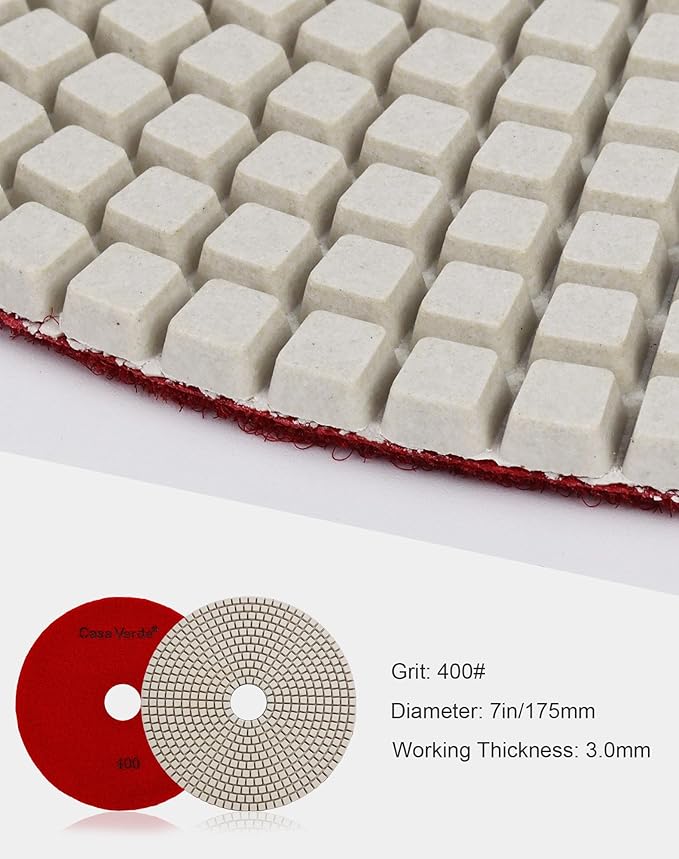 Casaverde 7" Diamond Granite Polishing Pads Grit 400 Dry Polishing for Granite Marble Concrete Stone Countertop Quartz Polish