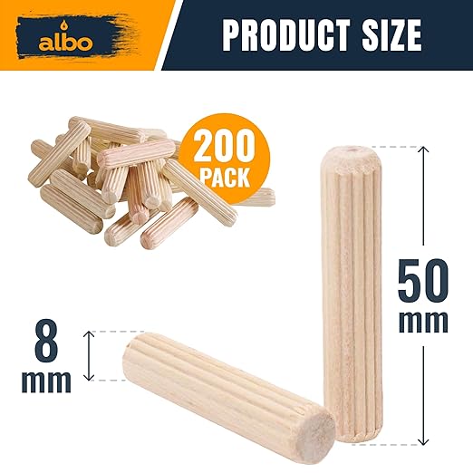 ALBO Wooden Dowel Pins 8mm x 50mm Fluted Wood Dowels Rods 200 Pack Hardwood Crafts Dowel Pegs