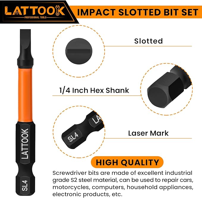 13-Pieces Impact Slotted Bit Set, LATTOOK 1/4'' Hex Shank Slotted Screwdriver Bit Set Flat Head Bits, Magnetic S2 Steel, 2.3'' & 1'' Long, SL2, SL2.5, SL3, SL4, SL5, SL6