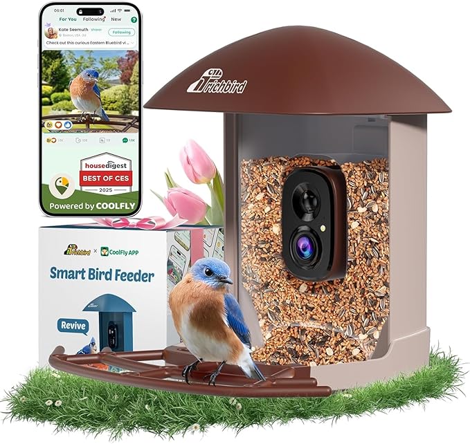 Upgraded Smart Bird Feeder with 2.5K HD Camera, Birdwatching Camera with AI Identify Birds for Outdoors, Squirrel Proof, Auto Video Capture & Instant Notifications, Brown