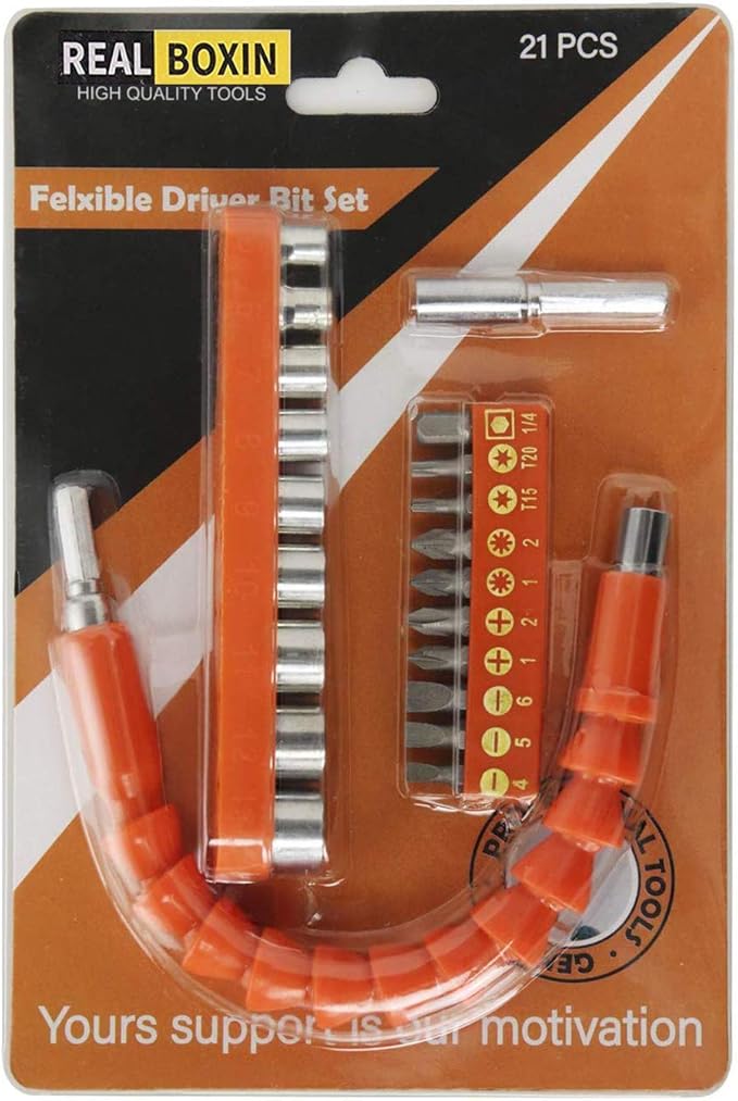 Flexible Drill Bit Extension, 11.6inch Bendable Drill Bit Extension, Universal 1/4 Flexible Extension for Drill Adaptor Hex Set Orange (21 PCS)