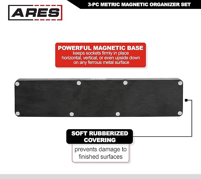 ARES 60034-3-Piece Black Metric Magnetic Socket Organizer Set - Includes 1/4-Inch, 3/8-Inch, and 1/2-Inch Socket Holders - Holds Standard Size and Deep Size Sockets - Keeps Your Tool Box Organized