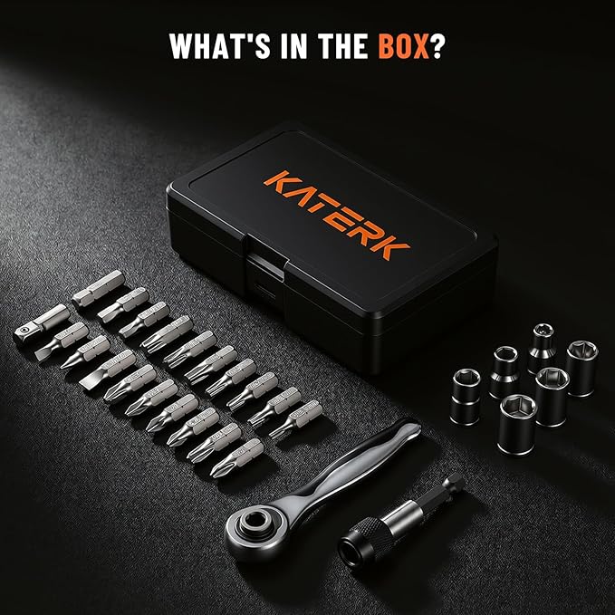 Katerk 28 in 1 Magnetic Screwdriver Set, 90 Degree Offset Ratcheting Wrench, Mini Ratchet Wrench Set, Right Angle Ratcheting Screwdriver Set and Bit with Metric Socket Set for Tight Spaces