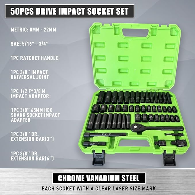 3/8" Drive Socket Set 50-Piece, SAE (5/16" - 3/4") & Metric (8mm - 22mm), Deep & Shallow Impact Socket Set with Case, 6 Points, Premium CR-V, Extension Bars, Universal Joint & Power Drill Adapter