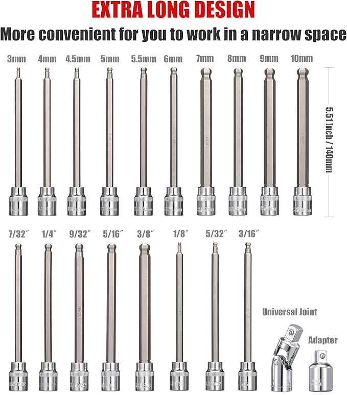 3/8 Inch Drive Long Ball End Hex Bit Socket Set,20-Piece SAE & Metric Allen Socket Set 3mm to 10mm & 1/8-3/8 Inch S2 Steel Bits