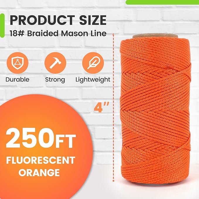 MERIANE Mason Line, 250 Ft #18 Braided Nylon String, Premium String for Masonry Jobs, Construction, Gardening, Net Making and Mending, DIY Projects, Fluorescent Orange