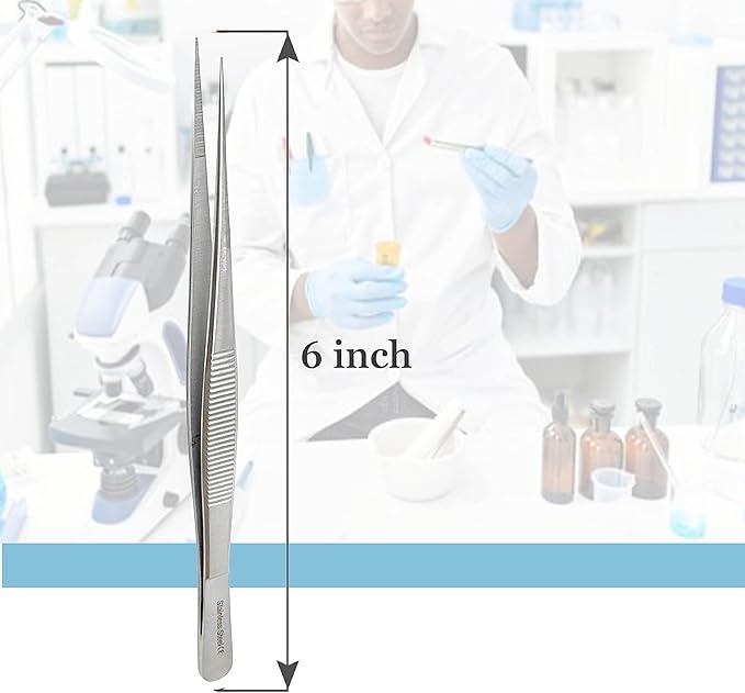 Stainless Steel High Precision Forceps with Fine Strong Straight Serrated Point to use Engineer Labware for Scientific Use 6" (15.2 cm), (6 Inch)