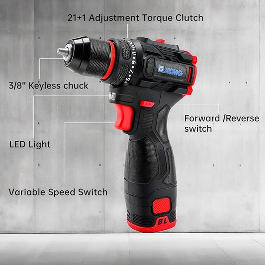 XCMG Cordless Hand Drill, 16.8V Brushless Motor, 3/8 Inch Keyless Chuck, Built-in LED Light, 20+1 Torque Adjustment, Dual Batteries for Long-Lasting Operation