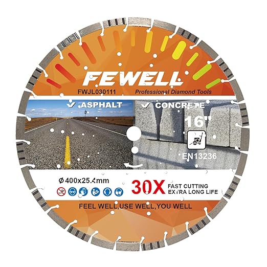FEWELL 16" Premium Diamond Saw Blade, Multi-Purpose Diamond Blade, Cutting Hard Reinforced Concrete Asphalt Masonry Stone Terrazzo, Laser-Welded Segmented, 1"-20mm Arbor
