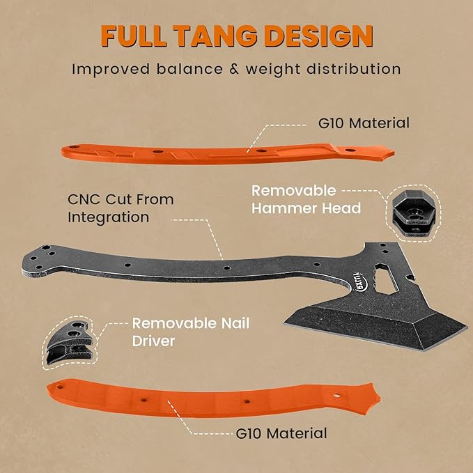Tactical Axe with G10 Handle Camping Survival Hatchet, Multifunctional Outdoor Hiking Heavy Duty Full Tang Tomahawk Tools with Hammer, Unique Design Crowbar, Leather Sheath (Orange)