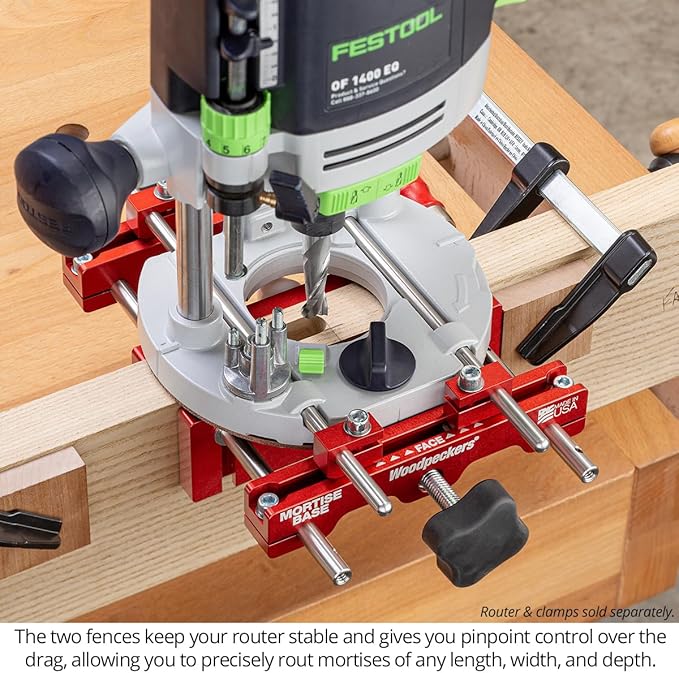Woodpeckers Mortise Base, Dual-Fence Adjustable Router Base for Precise Mortising and Edge Guiding, Fits Plunge Routers with 10mm Guide Rods, Aluminum & Stainless Construction, Made in USA MB-10
