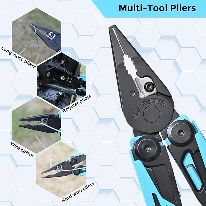 Multitool with Pocket Knife, 25-in-1 Stainless Steel Pliers and Screwdriver, Self-locking Multi-tool EDC Gear with Sheath, Suitable for Camping and Hiking (Powderblue)
