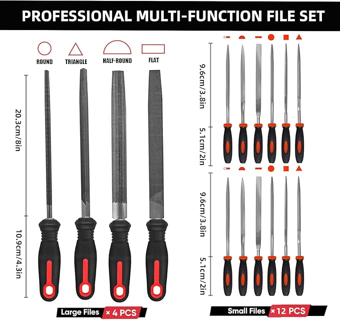 Greywolf 17 pcs File Set, Metal Files, Premium T12 Carbon Steel Flat, Half Round, Round and Triangular Files and 12 pcs Needle Files and Carrying Case for Metalworking and Woodworking