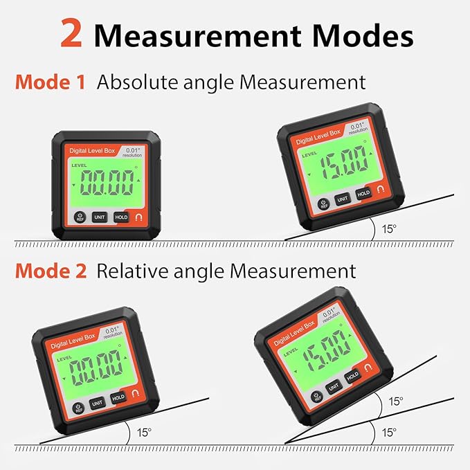 Abizarch Digital Angle Finder Magnetic Angle Gauge LCD Digital Level tool Protractor Inclinometer Level Box Backlit Portable Angle Measurement Tool Battery Operated (black+white) (Black+Red)