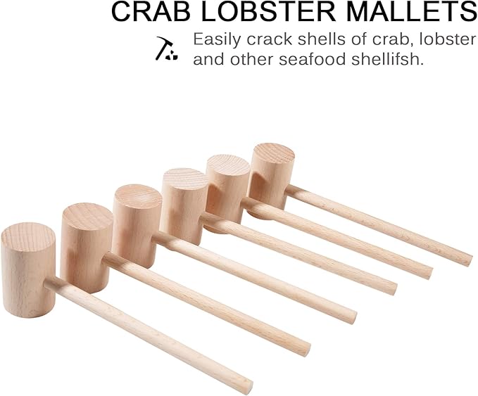 6Pcs Wooden Hammers, Natural Hardwood Crab Lobster Seafood Mallets