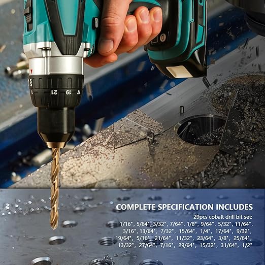 Cobalt Drill Bit Set - 29Pcs M35 High Speed Steel Twist Drill Bits for Hardened Metals, Stainless Steel, Cast Iron and Wooden Plastics with Metal Index Storage Box, 1/16"-1/2"