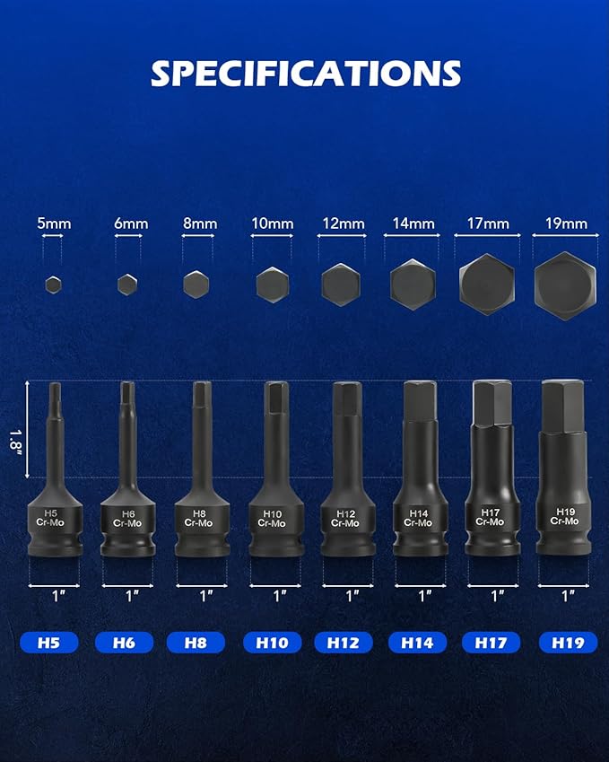 Orion Motor Tech Hex Allen Bit Sockets, 8pc 1/2" Drive Impact Allen Bit Socket Set with H5 H6 H8 H10 H12 H14 H17 & H19 Sockets, Cr-Mo Steel Impact Metric Allen Socket Set for Socket Head Cap Bolt