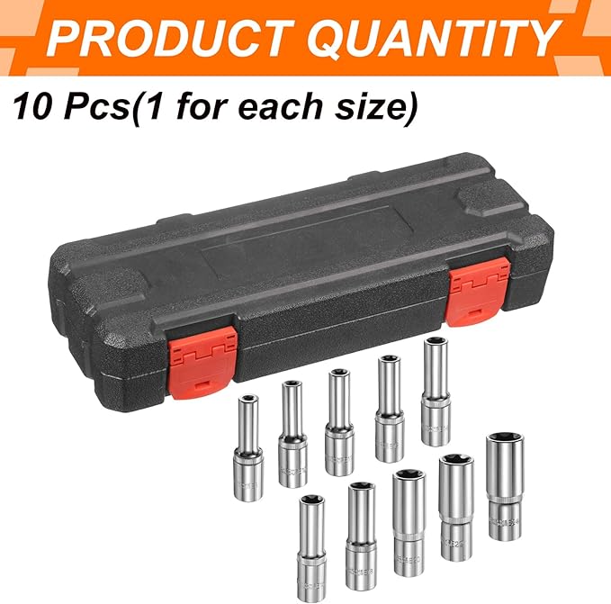 HARFINGTON 10pcs E-Torx Socket 1/2" Drive E8-E24 Star Female Socket 3.1" Length External Torx Deep Sleeve Chrome Plating 6 Point Spline Sleeve for Auto Repairs Home Maintenance