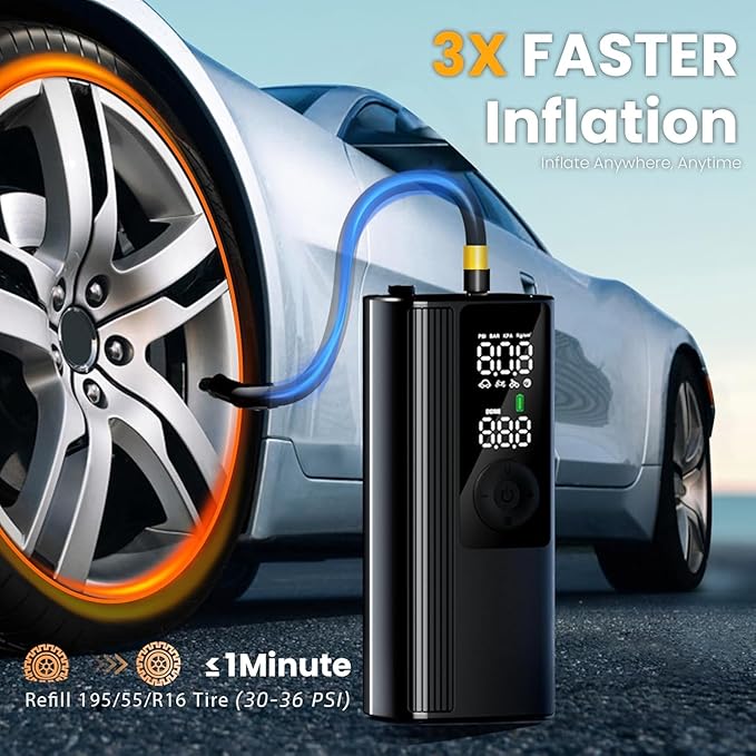 Tire Inflator Portable Air Compressor, 150PSI Air Pump for Car Tires with Pressure Gauge, Fast Tire Inflator for Car, Motorcycle, Bicycle, Balls, LED Light and Auto Shut-Off