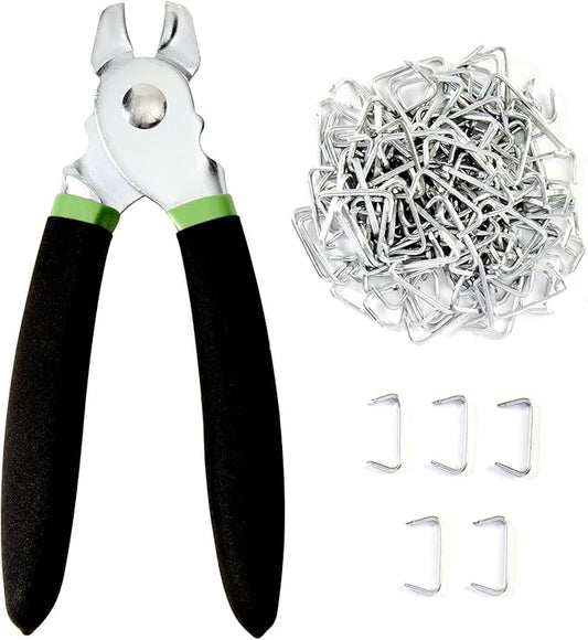 Hog Ring Pliers Kit with 300 Pcs 3/4" Galvanized Steel Hog Rings,Bent Hog Ring Pliers Kit for Fencing and Auto Upholstery,Bagging,DIYCraft,Furniture(Blue)