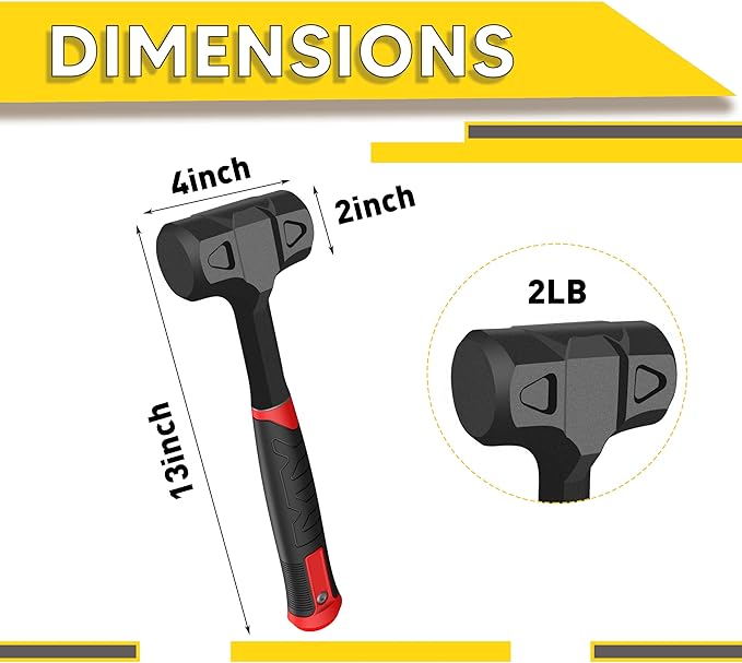 YIYITOOLS 2LB (32oz) Dead Blow Hammer, Heavy Duty One-Piece Forged Carbon Steel Construction, Steel Ball-Filled Head, Anti-Vibration Rubber Grip, Spark and Rebound Resistant, Ideal for DIY, Automotive
