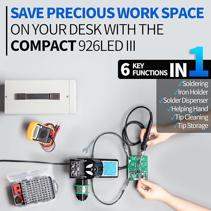 YIHUA 926 III 60W Digital Display Soldering Iron Station Kit w 2 Helping Hands, 6 Extra Iron Tips, Lead-Free Solder, Solder Sucker, S/S Tweezers, 째C/쨘F Conversion, Auto Sleep & Calibration Support