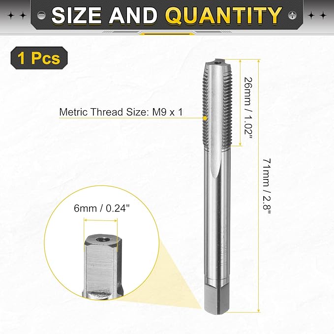 uxcell Hand Plug Tap M9 x 1 H2 Metric Thread Plug Style Taps Straight Flute Screw Tapping Threading Tool 9CrSi Alloy Tool Steel