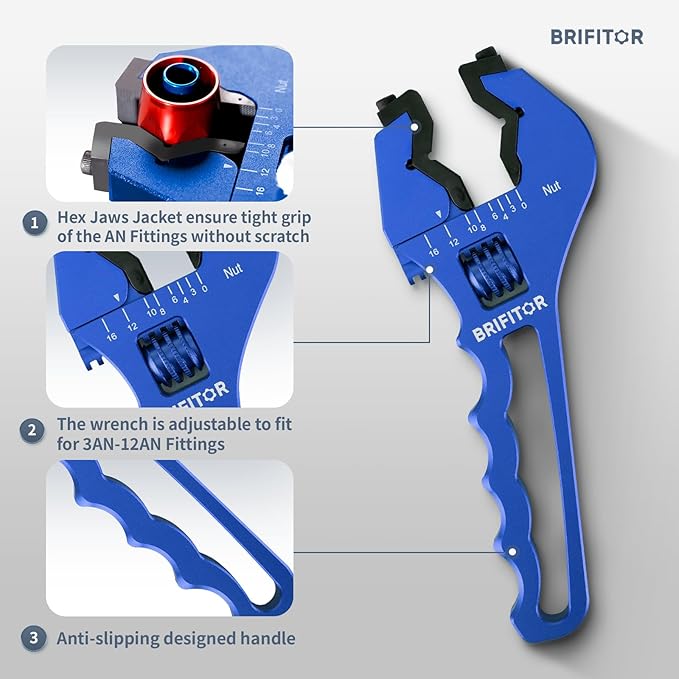 BRIFITOR Non Marring AN Fittings Wrench Adjustable Aluminum AN Wrench For 3AN-16AN Hose End Fittings With Replaceable Hex Type & Flat Type Jaw Protectors, Blue.