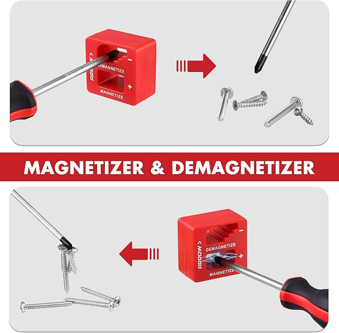 ARROW 11-Piece Magnetic Screwdriver Set, Cr-V Steel Screw driver Set with Magnetizer/Demagnetizer, 2 PCS Precision Screwdriver, Non-Slip Grip, Magnetic Phillips & Flathead Tips, for Home Improvement