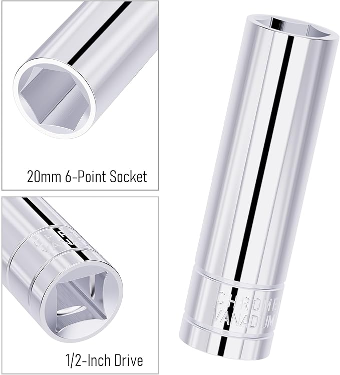 20mm Deep Socket, 1/2 Inch Drive, 6-Point, Metric, Heat Treated CR-V Steel Sockets, Full Polishing, 3.1 Inch Length