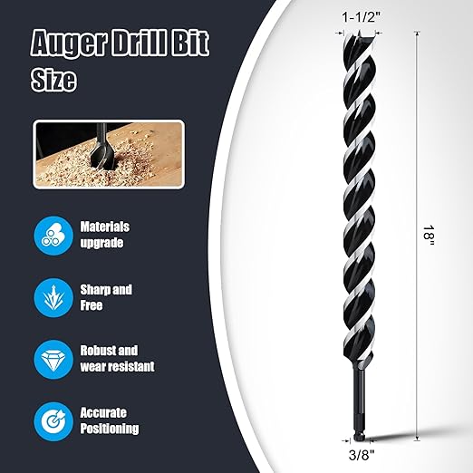 1-1/2'' x 18'' Auger Drill Bit for Wood, Hex Shank Tri Flute Ship Auger Long Drill Bit for Soft and Hard Wood,Tree Stump,Plastic,Drywall and Composite Materials