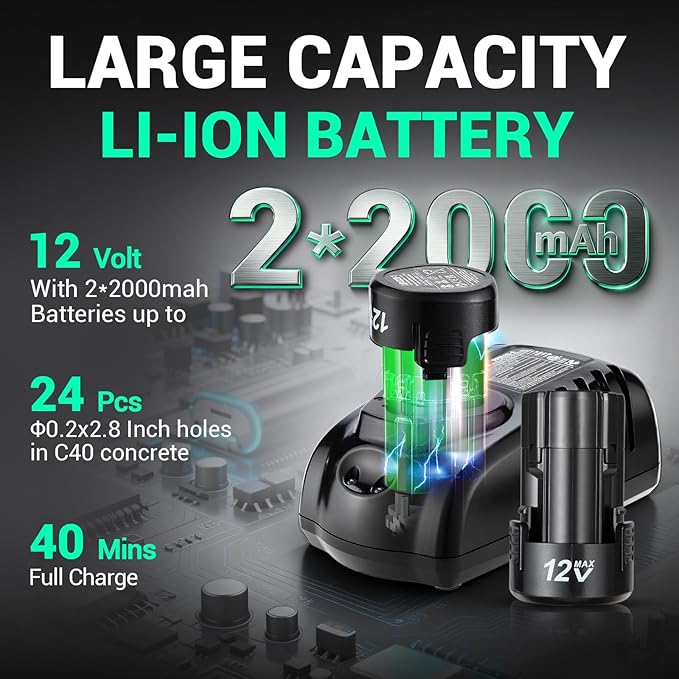 DCA 12V Cordless Drill Set SDS-Plus Hammer Drill, 1J 3-IN-1 Power Drill with Variable Speed, 2*2.0Ah Battery, 0-900 RPM/5600 BPM, with 3/8" Drill Chuck, 4 Drill Bits for Concrete, Brick, Metal, Wood