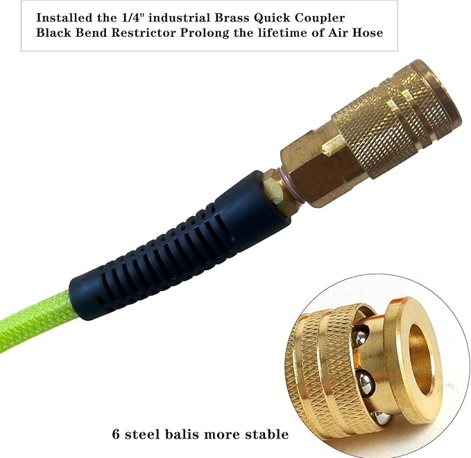 Air Hose 1/4 in x 100 ft, Polyurethane(PU), Reinforced Air Compressor Hose, Lightweight, Kink Resistant with 1/4??Industrial High Flow Quick Coupler&Plug, Bend Restrictors,300 PSI (100FT, White Green)